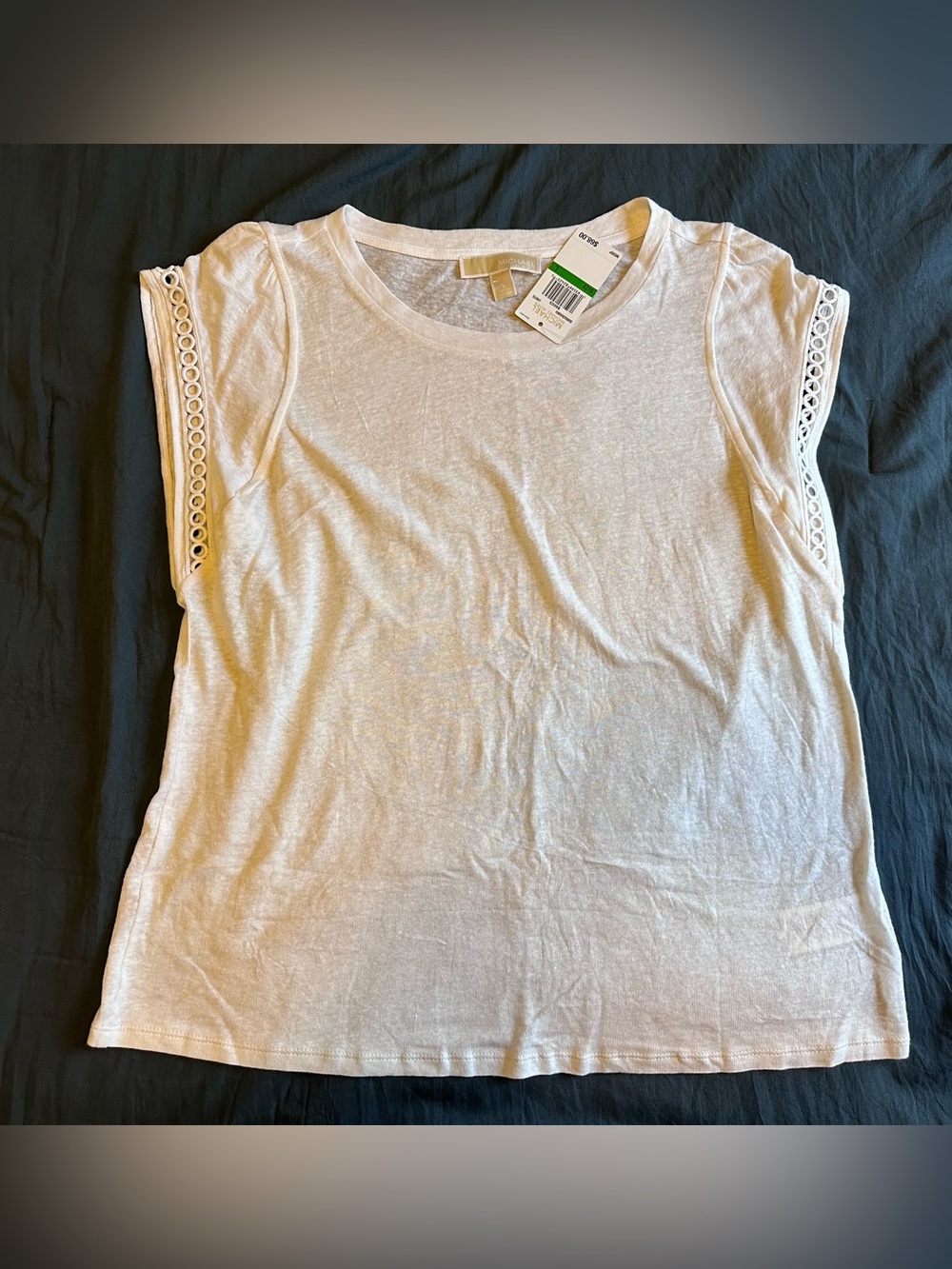 Michael Kors White Short-Sleeve Linen Blend Tee with Eyelet Trim NWT - Sz Large